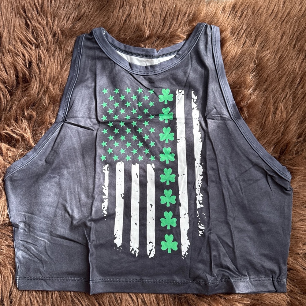 Gray Crop Top with Green Clover and Flag Design